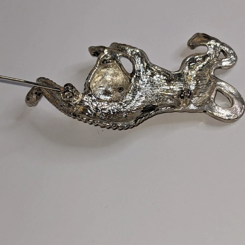 Vintage Gold/Silver‎ Tone Crouching Cougar Leopard Brooch w/ Rhinestone Eyes
